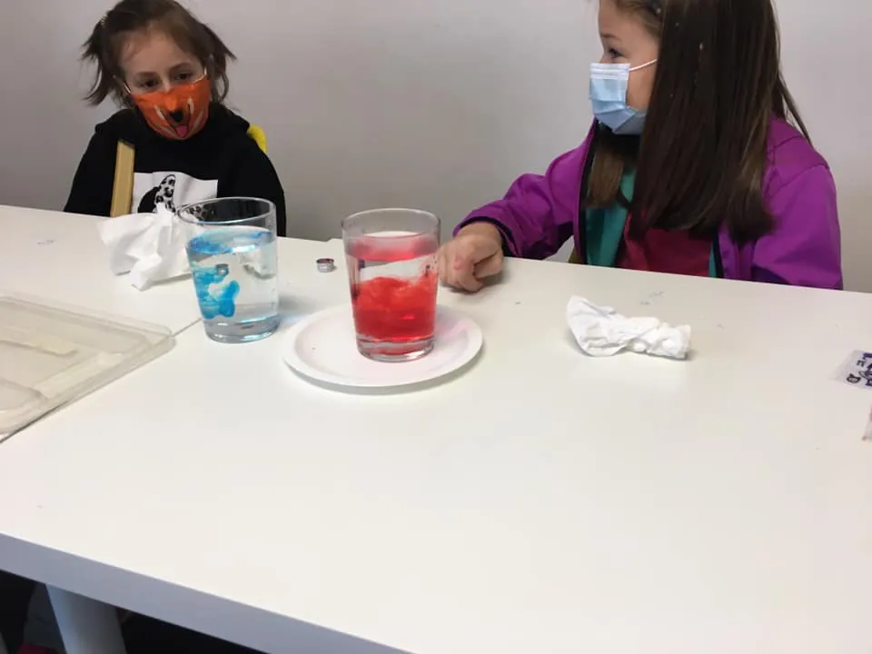 Două fete care urmăresc apa colorată din pahare